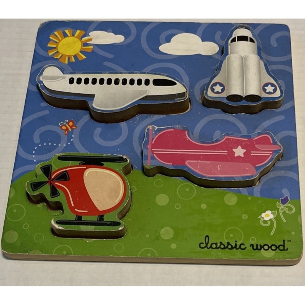Kids 4 Piece Wooden‎ Puzzle Plain Helicopter Car Boat Chunky